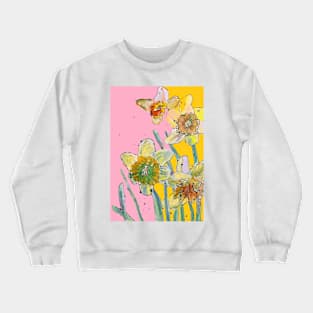 Abstract Yellow Daffodil Watercolor Pattern on Pink Crewneck Sweatshirt